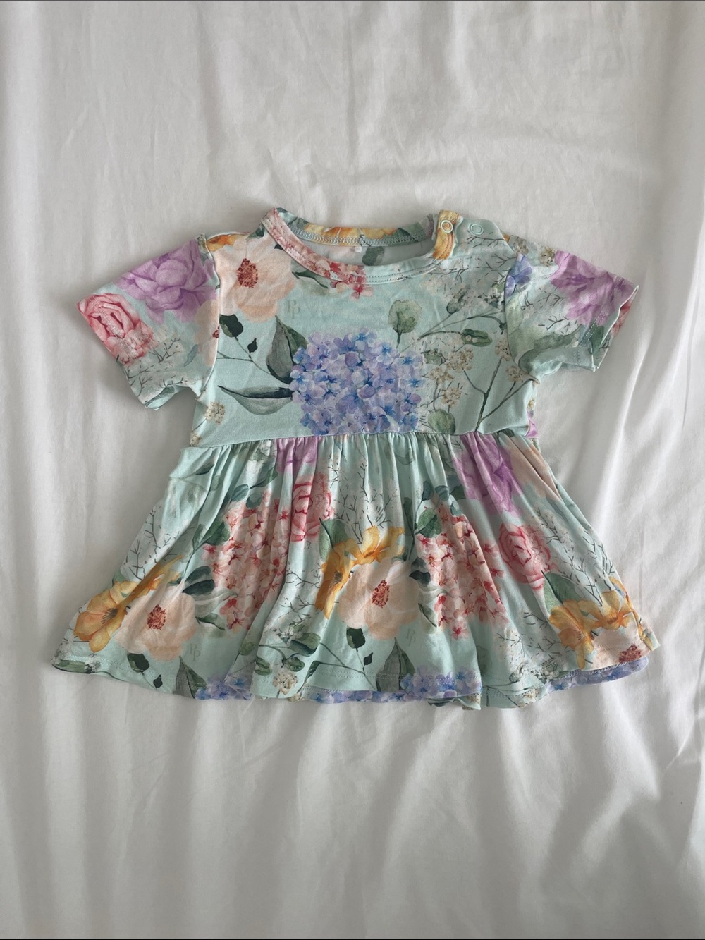 Posh Peanut Mint Floral Flowy Shirt with Lavender and Peach Blooms 12-18M (EUC)